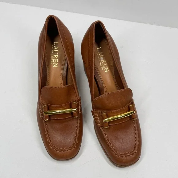 Lauren Ralph Lauren Loafer Slip On Brown Leather Block Heel Classic Size 5.5B - Picture 2 of 10